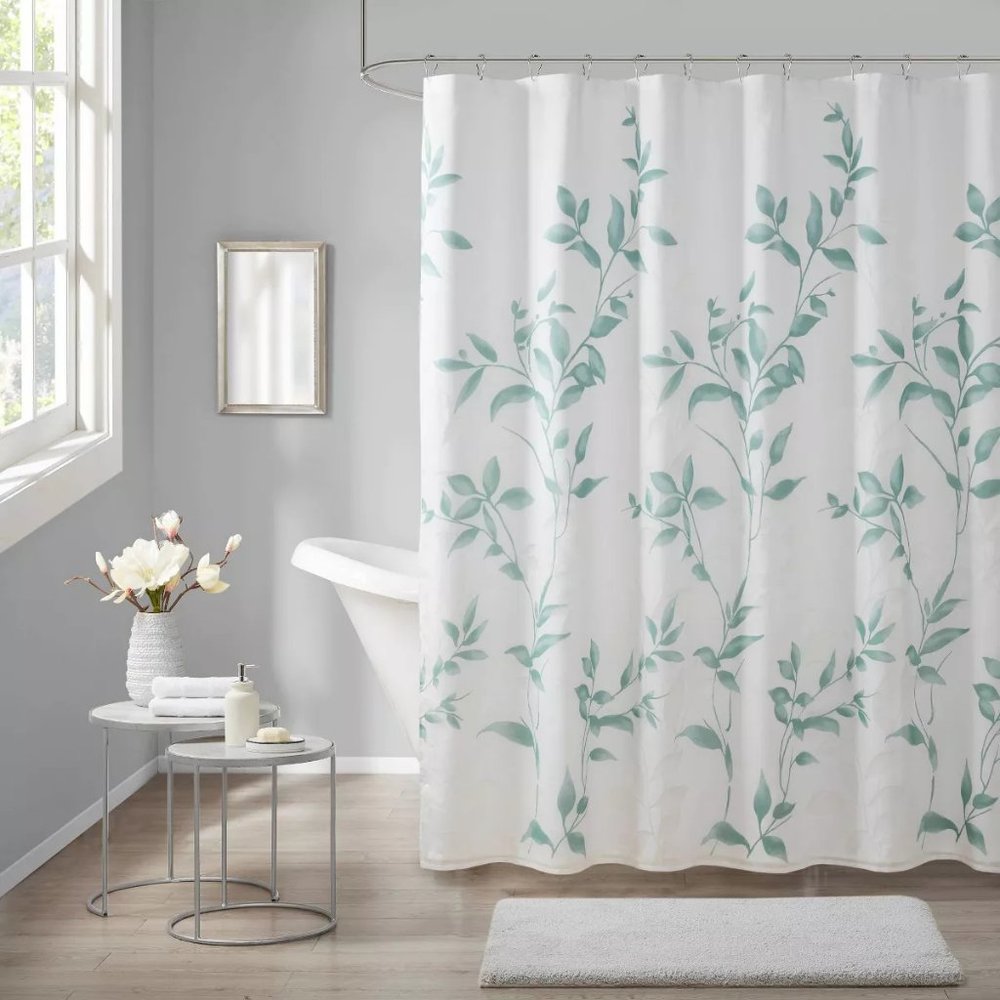 NWT Madison Park Rosalie Printed Shower Curtain white with green leaves TARGET